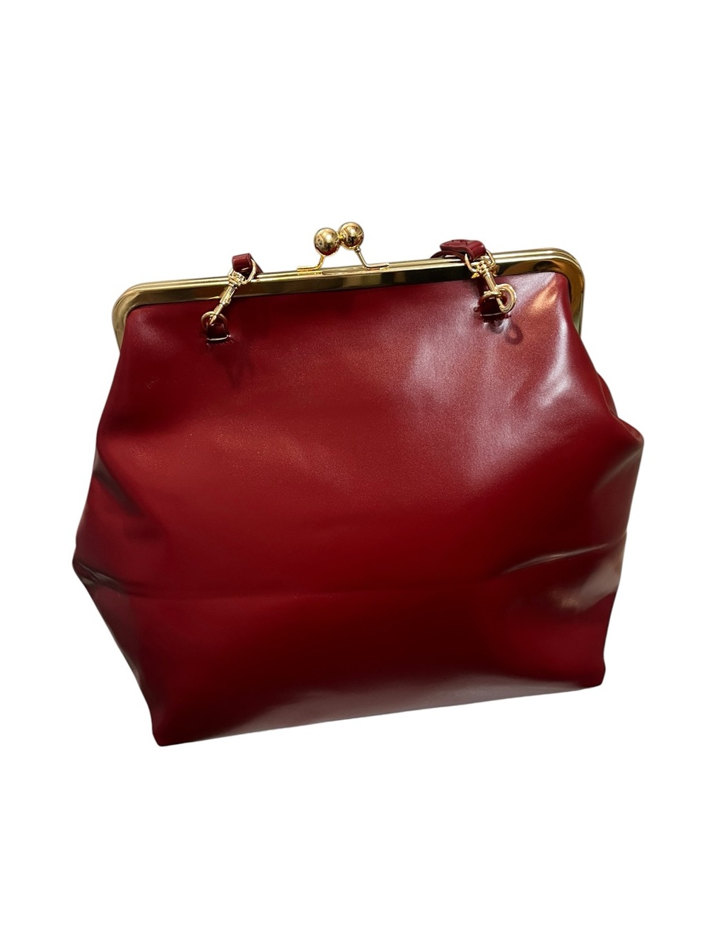 Burgundy Red Kiss Lock Bag/Purse with Shoulder Strap and Gold Toned Hardwar - Picture 3 of 8